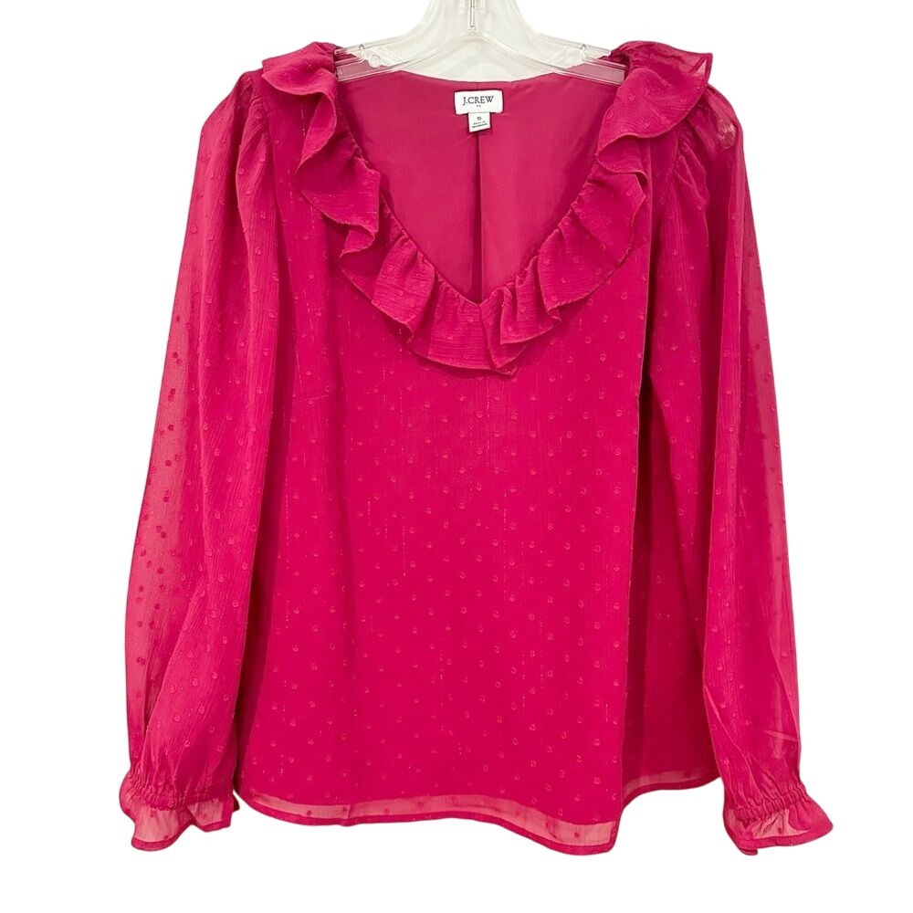 J. Crew Ruffle V-Neck‎ Long Sleeve Blouse Women's Small Raspberry Boho Hippie